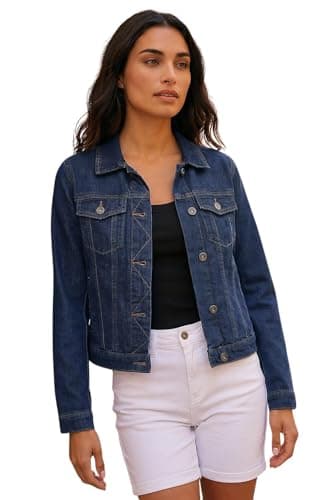 Image of Roman Originals Jean Denim Jacket for Women UK Ladies 100% Cotton Summer Casual Stretch Crop Smart Utility Trucker Biker Fitted Vintage Wash Faded Classic Work Twill - Indigo - Size 16