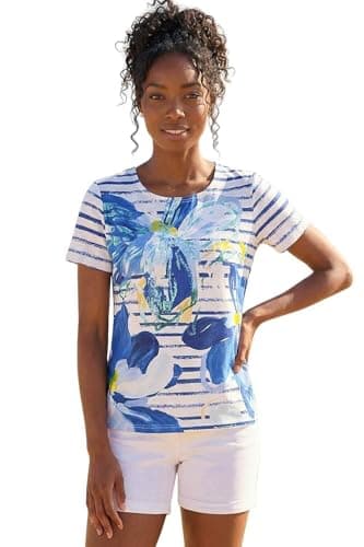 Image of Roman Originals T-Shirt for Women UK - Ladies Tee Shirt Summer Top Holiday Day Causal Short Sleeve Blouses Round Crew Boat Neck Lightweight - Floral Stripe Azure - Size 14
