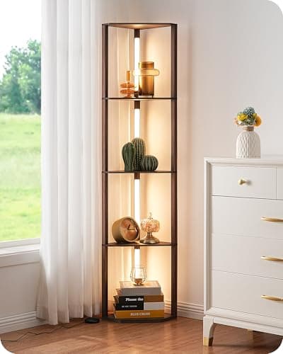 Image of EDISHINE LED Floor Lamps with Shelves, 4 Layers Wood Dimmable Standing Lamp, 360° Rotatable Poles, Corner Floor Lamps for Living Room Bedroom Office, Walnut Brown