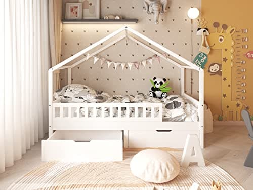 Image of FUSIDE Kids Bed Frame Solid Pine Wood House Tree Toddler Single Bed with 2 Storage Drawers for Children Girls Boys Bedroom Furniture,White