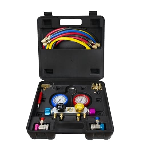 Image of BACOENG 4 Way AC Diagnostic Manifold Gauge Complete Set for R134A R410A R22, with 150cm Hose, Adjustable Quick Couplers and Universal Can Tap