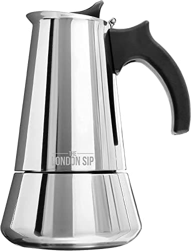 Image of Stainless Steel Induction Stovetop Espresso Maker - Make Cafe Quality Italian Style Coffee at Home with This Premium Moka Pot in Modern Chrome, by the London Sip Company. (Silver, 6 Cup)