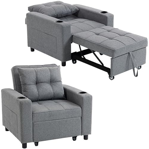 Image of HOMCOM 3-in-1 Single Sofa Bed, Convertible Sleeper Chair with Adjustable Backrest, Fabric Pull Out Chair Bed with Pillow, Side Pockets and Cup Holders for Living Room, Bedroom, Dark Grey