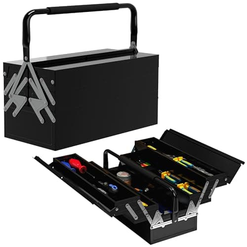 Image of DURHAND Metal Tool Box 3 Tier 5 Tray Professional Portable Storage Cabinet Workshop Cantilever Toolbox with Carry Handle, 45cmx20cmx34.5cm, Black