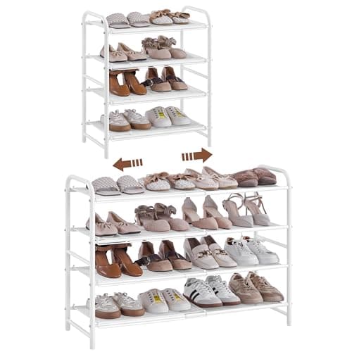 Image of Yaheetech Extendable 4 Tier Shoe Rack with Mesh Shelf, Adjustable Shoe Organiser for Closet, Tool-Free Assembly, Stable Construction, Free Standing Shoe Rack for Small Space, White