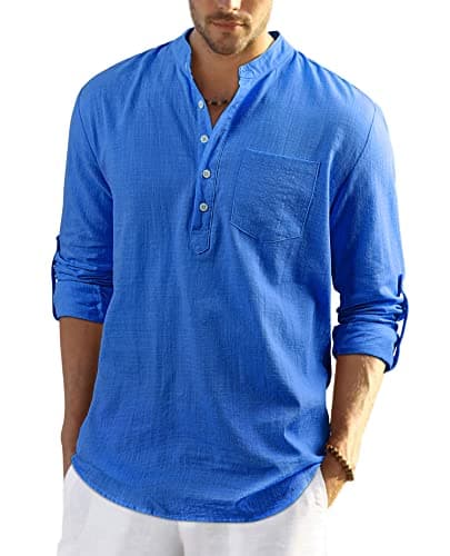 Image of Enlision Mens Blue Cotton Linen Shirts Long Sleeve Shirt Button Down Henley Shirts Lightweight Casual Plain Tops for Men L