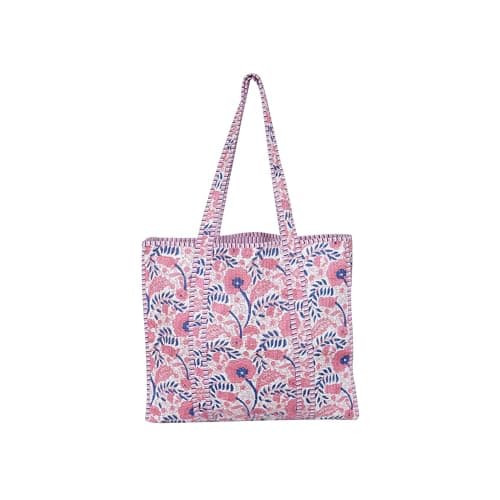 Image of Indian Cotton Quilted Tote Bag Women shoulder Bag Carry, shopping Beach Bag Summer Holiday Essentials Shopping Travel Bag with Pockets Handbags for Women (Pink-Flower)