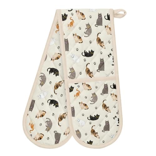 Image of Cat Oven Mitts Heat Resistant Cat Lover Gifts Double Oven Gloves with Loop Non-Slip Cute Cats Design Cotton Gloves Extra Long for Kitchen Cooking Baking Barbecue Grilling