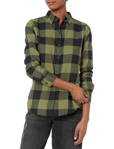 Image of Amazon Essentials Women's Classic-Fit Long-Sleeve Lightweight Plaid Flannel Shirt, Black Olive Buffalo Check, X-Large