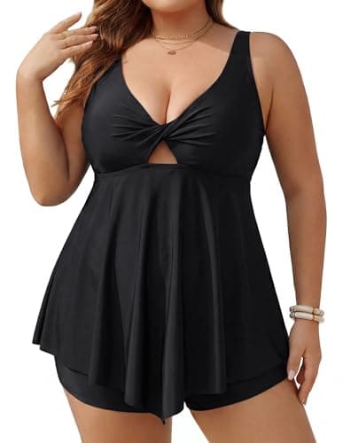 Image of Hanna Nikole Bathing Suit for Women,Plus Size Swimming Costume,Push Up Tankini Sets,Tummy Control Swimwear,Two Piece Cut Out Swimsuit,Cross Tankini Top with High Waist Swim Shorts Black