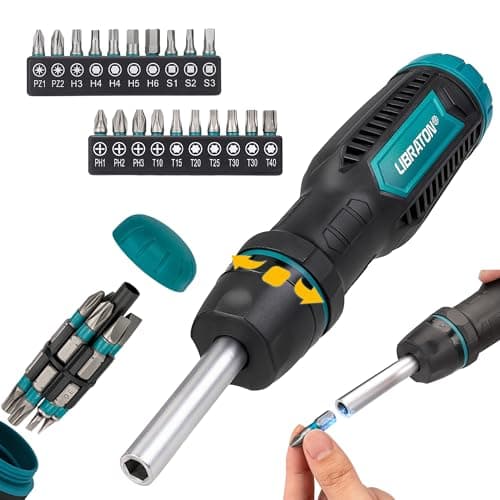 Image of LIBRATON Ratcheting Screwdriver Set, Multi-bit Screwdriver Tool, 33-in-1 Magnetic Ratchet Screw Driver, Slotted/Philips/Pozi/Torx/Hex/Square Bits, Ergonomic Handle for Home, Auto & DIY