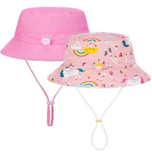 Image of 2Pcs Toddler Sun Hat Kids, Adjustable Girls Bucket Hats Baby Summer Sun Hat with Adjustable Head Drawstring and Chin Strap, Outdoor Kids Summer Protection Bucket Hats,1-3 Years Pink