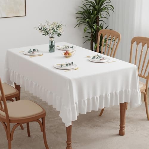 Image of Roerf Ruffle Tablecloth 140x200cm, Rectangle Table cloth Polyester Tablecloths Washable Table Cover with Flounces Trim for Wedding Banguet Party Home Dining Table Decorations,White 55x79inch