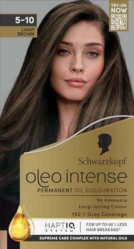 Image of Schwarzkopf Oleo Intense Permanent Oil Colour 5-10 Light Brown Hair Dye, 100% Grey Coverage, Conditioner with HaptIQ System, Long-Lasting Colour, Ammonia Free Hair Dye
