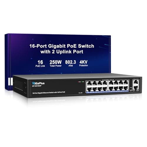 Image of 18 Port Gigabit PoE Switch with 16 Port PoE+ 1000Mbps, 2x1000Mbps Uplink, GiGaPlus 18 Port IEEE802.3af/at PoE @250W, Support VLAN, Metal Housing, Desktop or Wall-Mount, Plug & Play