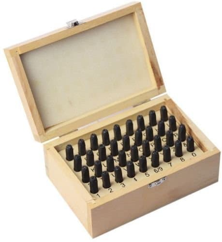 Image of 36Pc Large Letter and Number Punch - Metal Stamp, Security Marker 5Mm Set | with A Wooden Storage Box for Use On Multiple Surfaces Including Paper, Leather, Plastic, Wood and Metal
