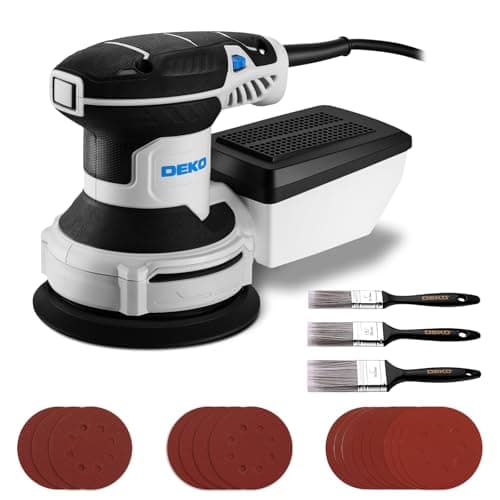 Image of Electric Orbital Sander for Wood: DEKOPRO Sanding Machine with Dust Collector,16Pcs Sandpapers, 6 Variable Speed 14000RPM, 125MM Hand Tool, 3*Flat Paint Brushes,Fit for Woodworking/Sanding(Blue)