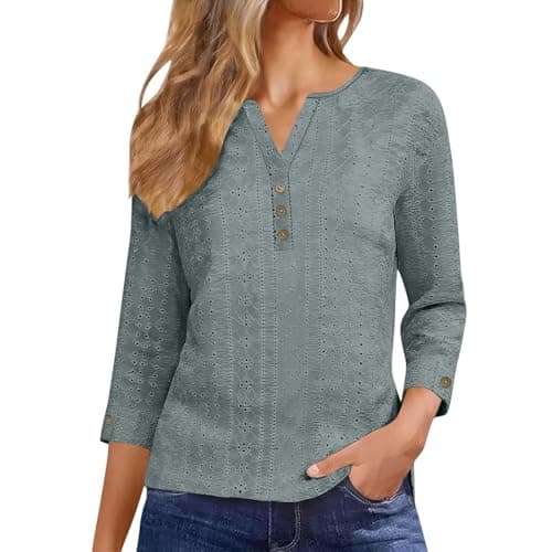 Image of V Neck T-Shirts for Women UK 3/4 Sleeve Cotton Tops Elegant Blouse Summer Casual Pullover Daily Comfy Tees Loose Fit Boho Tshirt for Work Office Going Out Gray