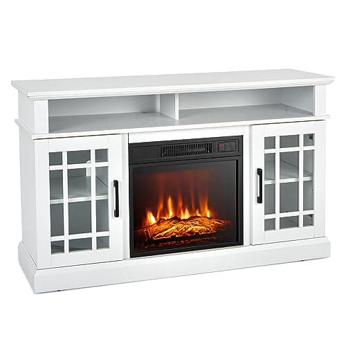 Image of GiantexUK Electric Fireplace Insert TV Stand, Living Room Wooden Console Entertainment Center with Electric Fire, Overheat Protection & Remote Control, 1800-2000W (White, 18” Fireplace, for 55” TV)