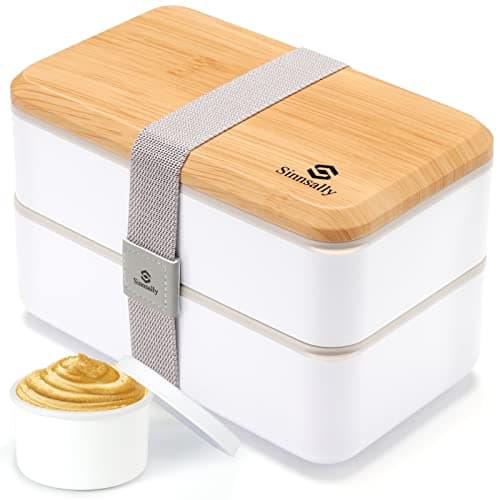 Image of Sinnsally 1400ML Bento Box Lunch Boxes, Stackable Bento Lunch Box for Adults,Leak-Proof Lunch Container with Compartments,Japanese Style Lunchbox with Sauce Pot Cutlery Set (White)