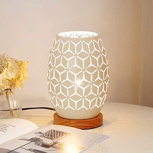 Image of HHMTAKA Metal Lampshade Bedside Table Lamp Wooden Base Bedroom Lamp Decorative Bedside Lamp with Edison Bulb for Bedroom Home Weddings Parties Patio Indoor Outdoor (Geometrical Shape)