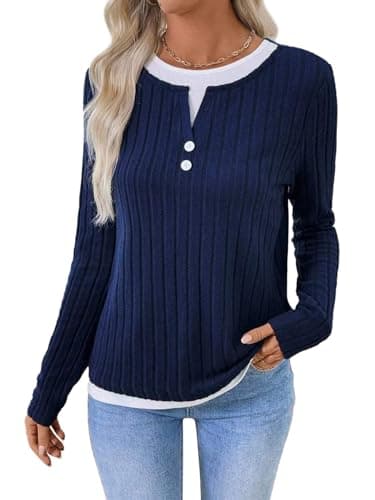 Image of Awinclo Womens Crewneck Color Block Sweater Stripe Long Sleeve Top Casual Clothing Tshirt Jumper with Buttons Fall Casual Outfit for Women UK Navy Blue Medium