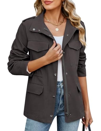 Image of CMTOP Women's Jackets Lightweight Cotton Short Jackets Zip Up Utility Jacket, Casual Work Shacket Windproof Outerwear with Multiple Pockets for Spring Summer Autumn(Dark Grey,XL
