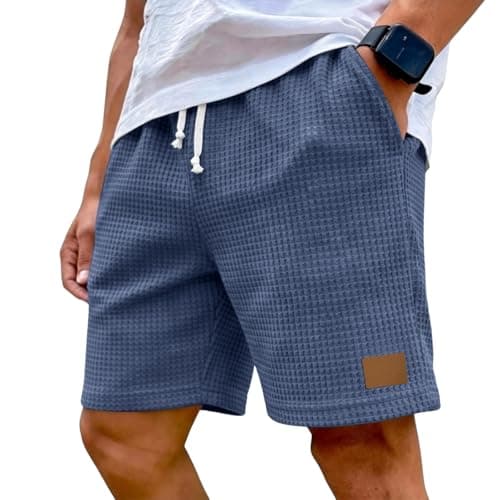 Image of Men's Breathable Waffle Weave Shorts – Relaxed Fit Quick-Dry Shorts with Elastic Waist for Hot Weather, Travel & Casual Wear Machine Washable Navy L