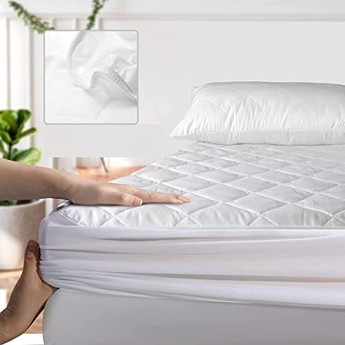 Image of Extra Deep Quilted Mattress Protector - 100% Cotton Mattress Pad Bed Topper Cover Anti Allergic Breathable Sheets Single Double King SuperKing 4FT Size (Double) White