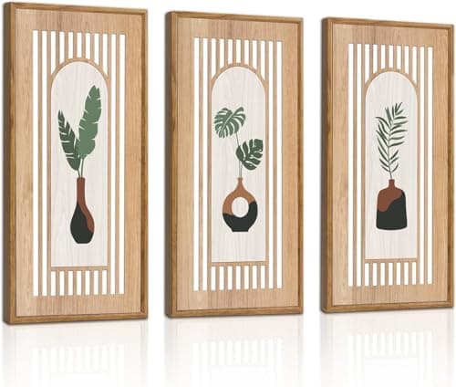 Image of ANHUIB Boho Wooden Wall Art Framed Wooden Wall Decor Abstract Minimalist Wall Art Set of 3 Geometric Aesthetic Botanical Artwork Framed Bohemian Style Decor for Living Room Bedroom Office 8X16inch