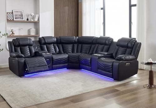 Image of Zeus Leather Electric Recliners Corner Sofa With Cupholders - Bluetooth Speakers/LED Lights/USB Charging Ports/Storage (Black)