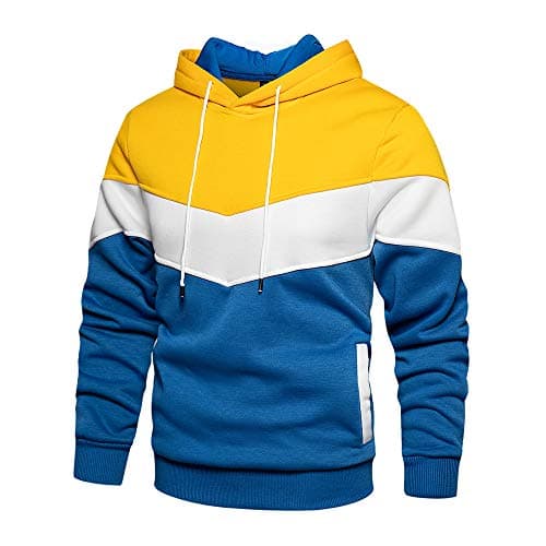 Image of MANLUODANNI Men's Hoodies Pullover Hooded Sweatshirt Patchwork Top Casual Hoody with Pocket Yellow M
