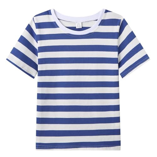 Image of WinZero Kids Striped T-Shirt Soft Cotton Short Sleeve Round Neck Tshirt Boys Girls Stripe Tee Top for Children 8-9 Years Blue-White