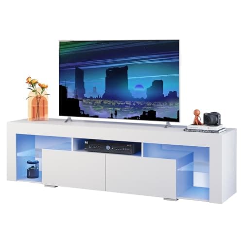Image of WLIVE LED TV Unit 160cm, TV Stand Cabinet with LED for TV Up to 70 Inch, 20 Colors RGB Wood Entertainment Unit with 6 Storage for Living Room Bedroom, White
