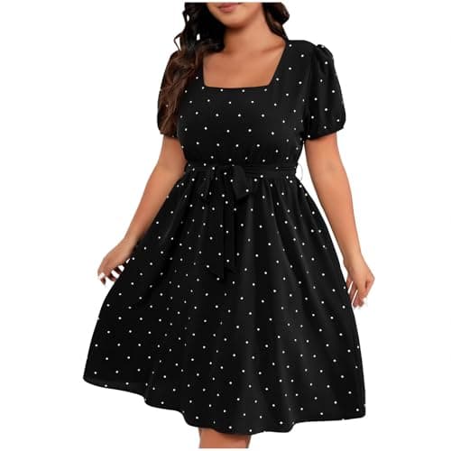 Image of Black Dresses for Women UK Elegant - Midi, Polka Dot, Puff Sleeve, Square Neck, A Line, Swing, Pleated, Casual, Work Office, Prom, Party, Cocktail, 1950s Dresses Plus Size