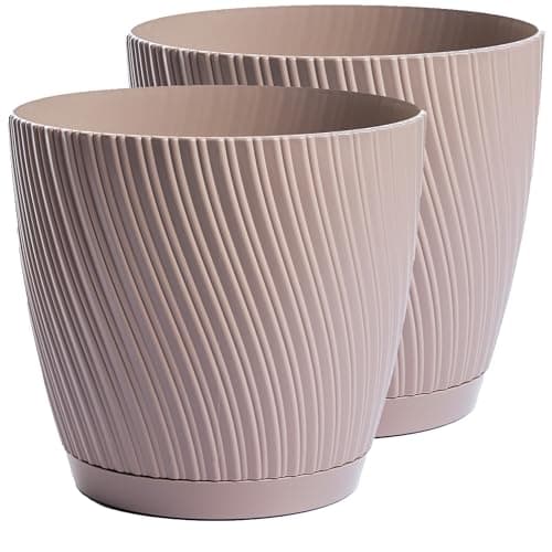 Image of Home Garden Ornaments Plant Pots Indoor – Set of 2 with Drainage & Saucer Swing Indoor Plant Pot – Decorative Striped Flower Plastic Planter Design – 5 Colours & 6 Sizes (15cm / 5.9 inch, Taupe)