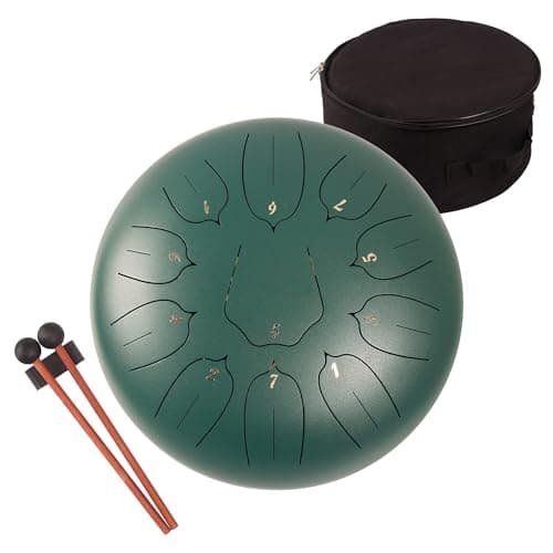 Image of Lomuty 12 Inches 30 CM Steel Tongue Drum-11 Notes C Major Tuned Percussion Instrument-Handpan Drum with Bag, Music Book, Mallets and Finger Picks(Green)