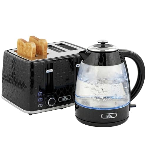 Image of HOMCOM Kettle and Toaster Set, 1.7L 3000W Rapid Boil Jug Kettle with Strix Thermostat, Limescale Filter, 4 Slice Toaster with 7 Browning Controls, Crumb Tray, Black