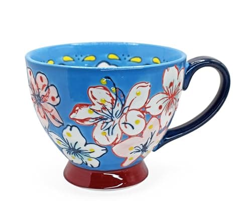 Image of 16oz / 450ml Coffee Mug Large Ceramic Mug Floral Embossed Design Tea Cup for Tea Hot Chocolate Latte Cappuccino Microwave & Dishwasher Safe (Blue Mug(C))