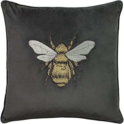 Image of Paoletti Hortus Cushion Cover – Bee Embroidered, Luxurious Velvet Accent, Square Cushion Cover (Dark Grey Charcoal – 50x50 cm)