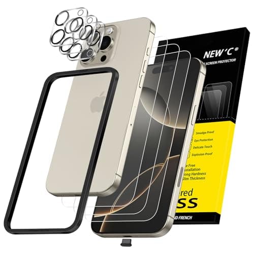 Image of NEW'C 3x for iPhone 16 Pro Screen Protector (6.3 inches)+ 3x Camera Lens Protector, Sensor Protection, Case Friendly Tempered Glass Film + Dust Plug- Easy installation tool include