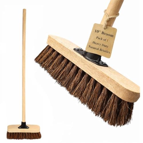 Image of 10” Garden Broom Outdoor with Wooden Handle Natural Stiff Bassine Hard Bristle Push Broom with Durable Support Bracket Yard Brush Heavy Duty Outdoor Stiff Sweeping Yard Brush (pack of 1)