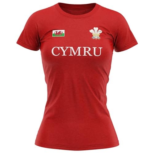 Image of Cymru Womens T Shirt Rugby Prince of Wales Badge Welsh Nations Gift, M, Red