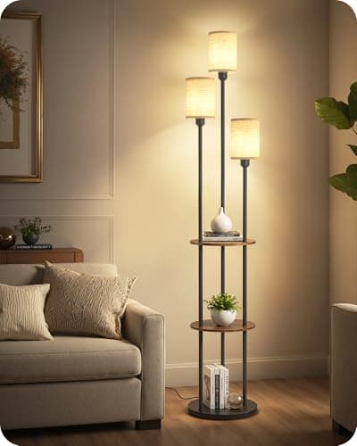 Image of GOEBLESON Floor Lamp with Shelves, Industrial Floor Lamp with 3 Linen Shades and Foot Switch, 3-Light Standing Lamp, for Living Room, Bedroom, Study, Rustic Brown and Beige ZEF53LDK05
