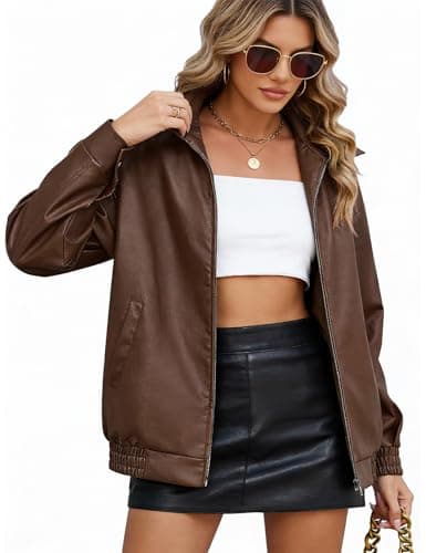 Image of CMTOP Leather Jacket for Women Faux Leather PU Women's Jackets, Casual Fashion and Classic Street Jacket Zip Up Biker Jacket Outwear with Pockets for Spring Autumn(Brown,XL
