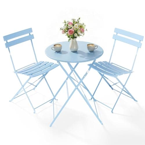 Image of Clevich 3-Piece Folding Patio Bistro Set for Outdoor, Lightweight Rustproof Metal Table & 2 Chairs, Balcony Garden Furniture, 3 Colours Available (blue)