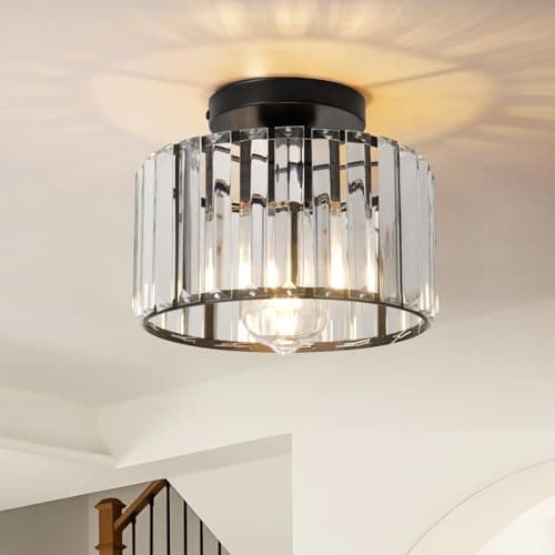 Image of Hudi Fyier Black Crystal Ceiling Light for Hallway, Small Semi Flush Mount Fixture, 23cm Modern Lighting for Kitchen, Dining Room, Living Room, Bedroom