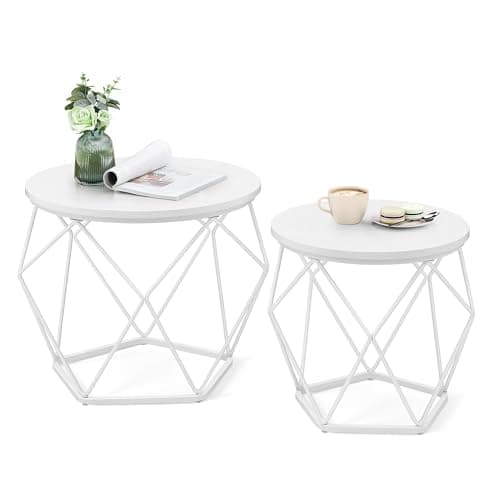 Image of VASAGLE Round Coffee Table, Set of 2, Side Table, Sofa End Table, Modern Style, Removable Top, Steel Frame, for Living Room, Snow White and Cloud White LET040W46