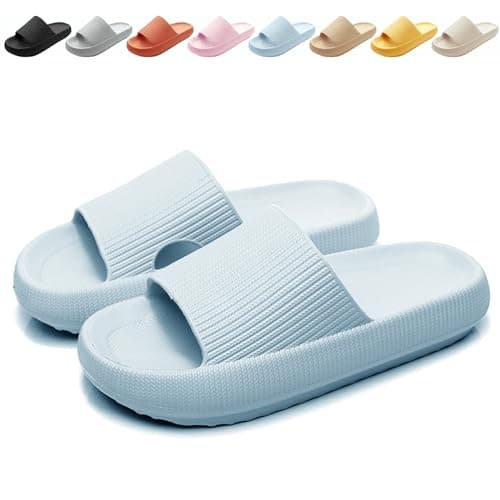 Image of BHFRGAS Sliders Cloud Slippers Women Men，Non-Slip Mens Womens Slippers Cloud Sliders，Soft Flip Flops with Thick Sole for Shower Bathroom Pool Beach，Blue, 5-5.5 UK