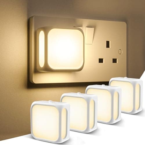 Image of PURSNIC Night Light Plug in Wall, with Dusk to Dawn Photocell Sensor, 3000K Warm White, Brightness Adjustable, 1W LED Night Light for Kids, Bedroom, Hallway, Stairs, 4 Pack